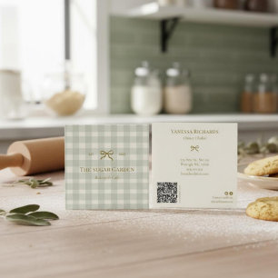 Chic Cottage Green Gingham Bakery Marketing QR Square Business Card