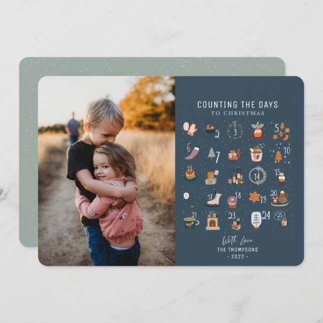 Chic Counting Days to Christmas Dark Navy Photo Holiday Card (Front/Back)