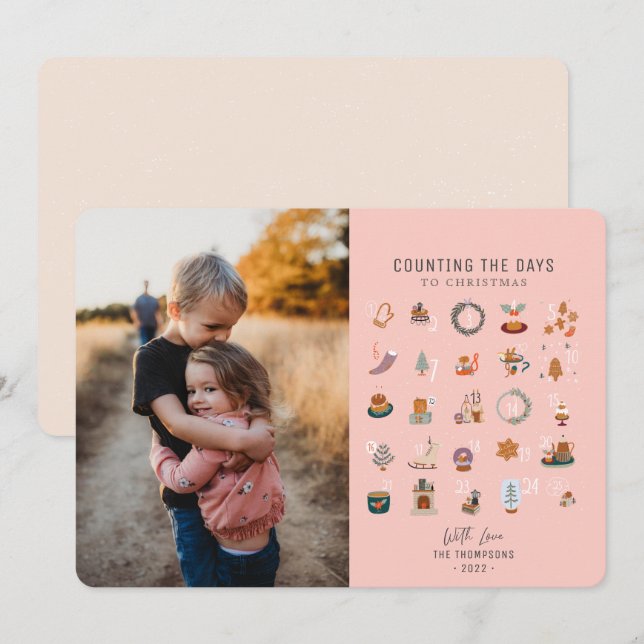 Chic Counting Days to Christmas Salmon Pink Photo Holiday Card (Front/Back)