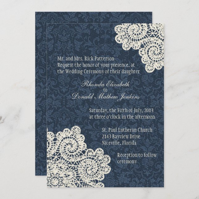 Chic Country Denim Damask & Ivory Lace Wedding 3 Invitation (Front/Back)