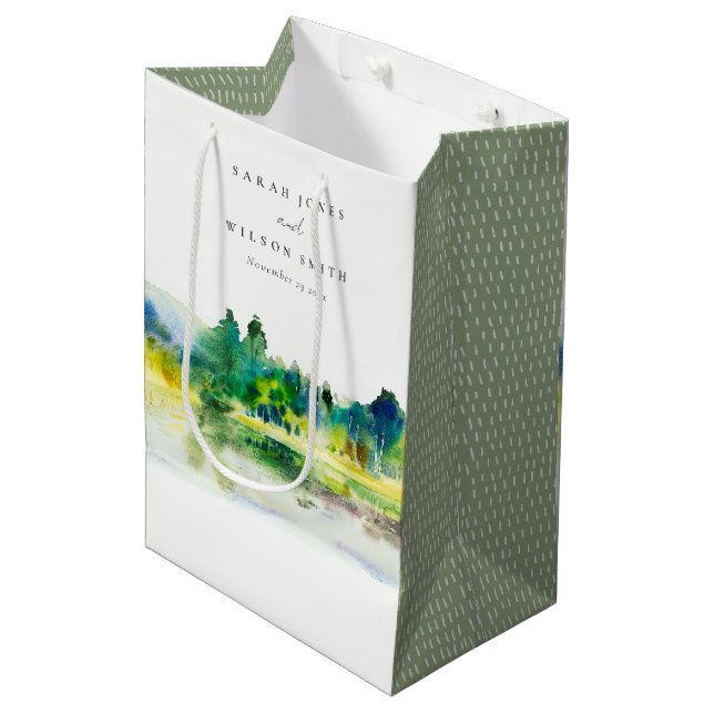 Chic Countryside Mountain River Landscape Wedding Medium Gift Bag (Front Angled)