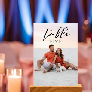 Chic Couple Photo Wedding Black Script Overlay Table Number