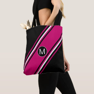 Chic cranberry pink black and white monogram tote bag