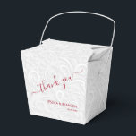 Chic Cranberry Thank You White Filigree Wedding Favour Box<br><div class="desc">Elegant white on white filigree print pattern with your names and thank you in cranberry red (or any colour) lettering on the front,  these takeout style party favour boxes are beautiful for wedding favours,  bridal shower favours or any special occasion.</div>