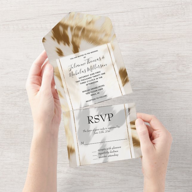 Chic Cream Black Gold Western Cowhide All In One Invitation (Tearaway)