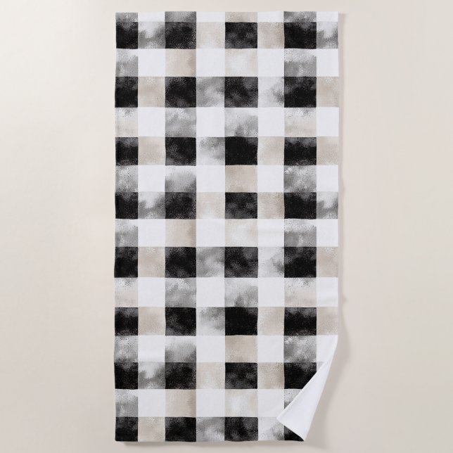 Chic Cream Black Plaid Christmas Beach Towel (Front)