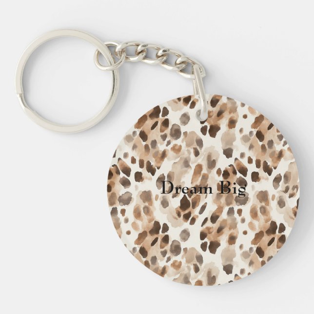 Chic Cream Brown Leopard Animal Birthday Key Ring (Front)