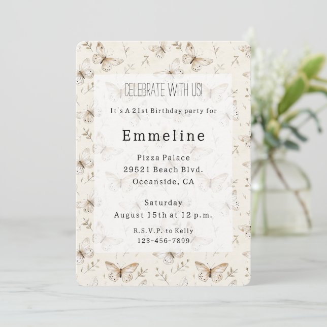 Chic Cream Butterflies Birthday Invitation (Standing Front)