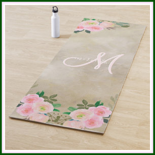 Chic Cream Floral Custom Monogram Name Yoga Mat