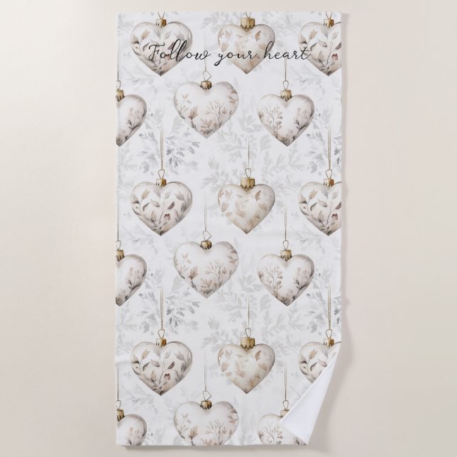 Chic Cream Grey Hearts Ornaments   Beach Towel (Front)