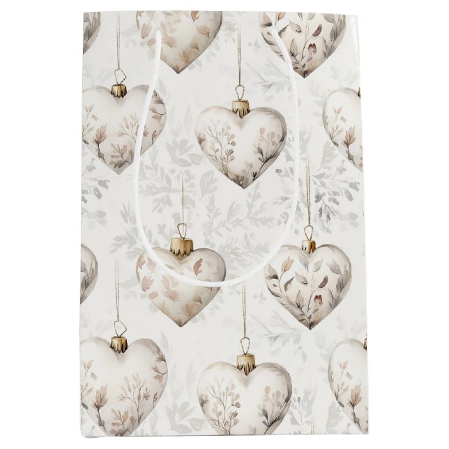 Chic Cream Grey Hearts Ornaments Wedding Medium Gift Bag (Front)