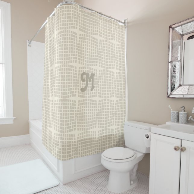 Chic Cream Linen Checked Shower Curtain (In Situ)