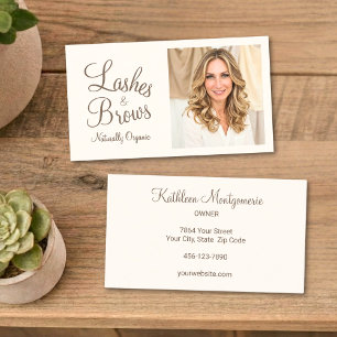 Chic Cream Mocha Script Photo Lashes and Brows Business Card