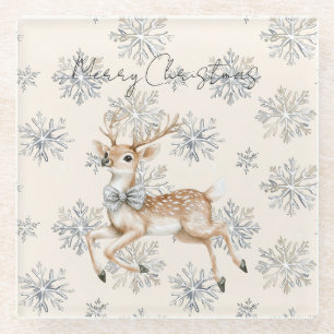 Chic Cream Silver Bow Reindeer Christmas Glass Coaster