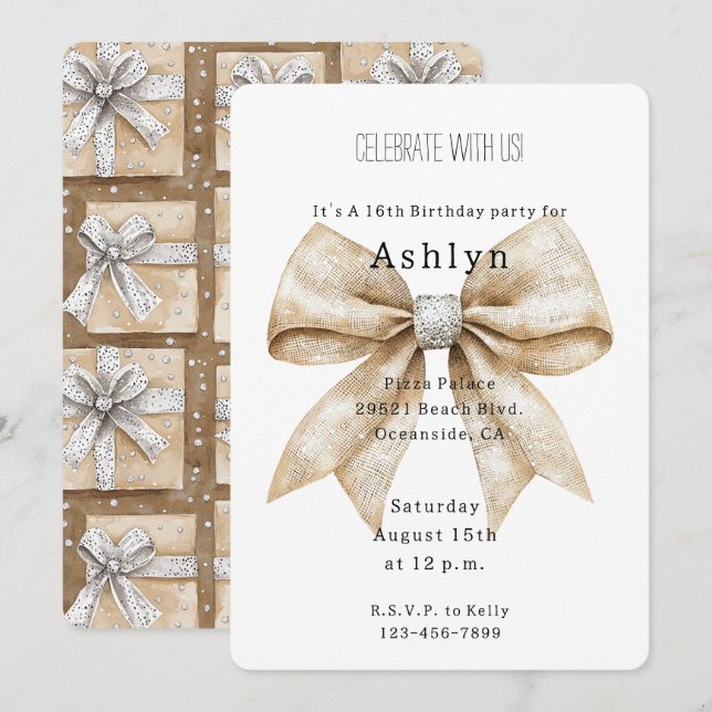 Chic Cream Silver Glam Bow Birthday   Invitation (Front/Back)