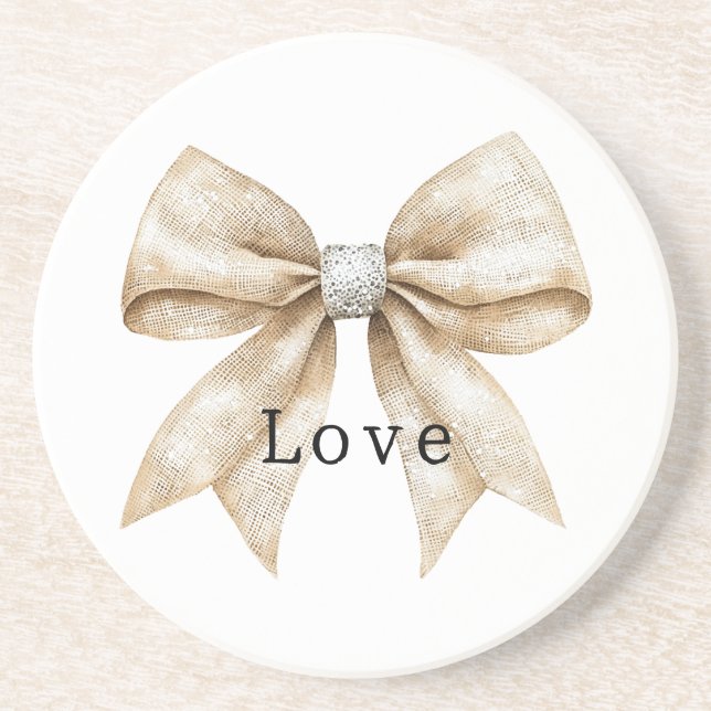 Chic Cream Silver Glam Bow Love Coaster (Front)