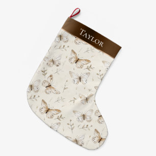 Chic Cream White Brown Butterflies Christmas   Large Christmas Stocking