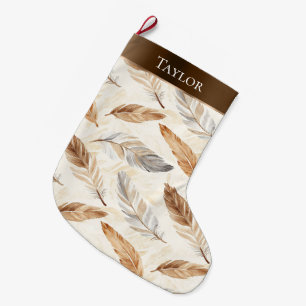Chic Cream White Brown Feathers Christmas Large Christmas Stocking