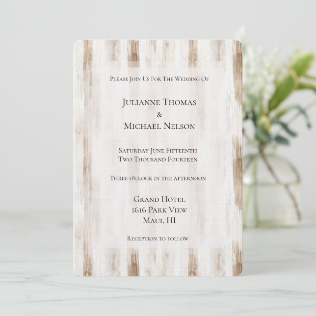 Chic Cream White Brown Stripes Wedding Invitation (Standing Front)