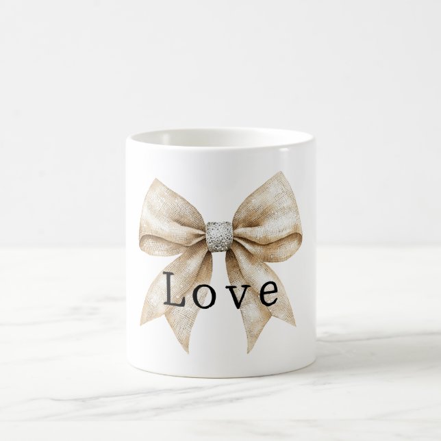 Chic Cream White Silver Glam Bow Love Coffee Mug (Center)