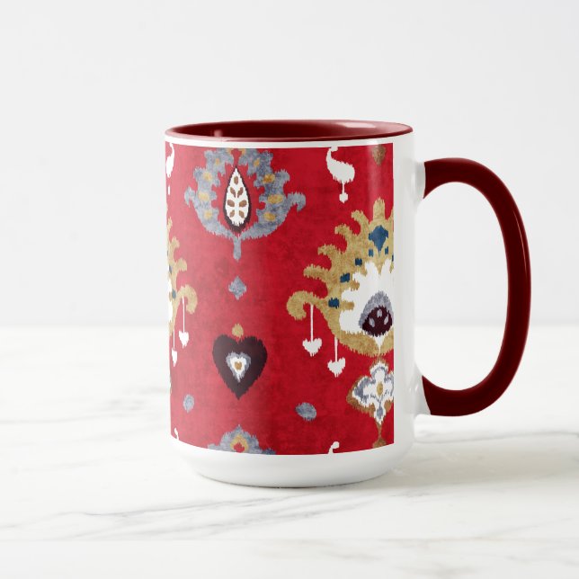 Chic crimson red yellow ikat tribal pattern mug (Right)