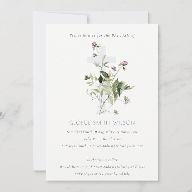 Chic Cross Purple Wildflower Floral Baptism Invite (Front)