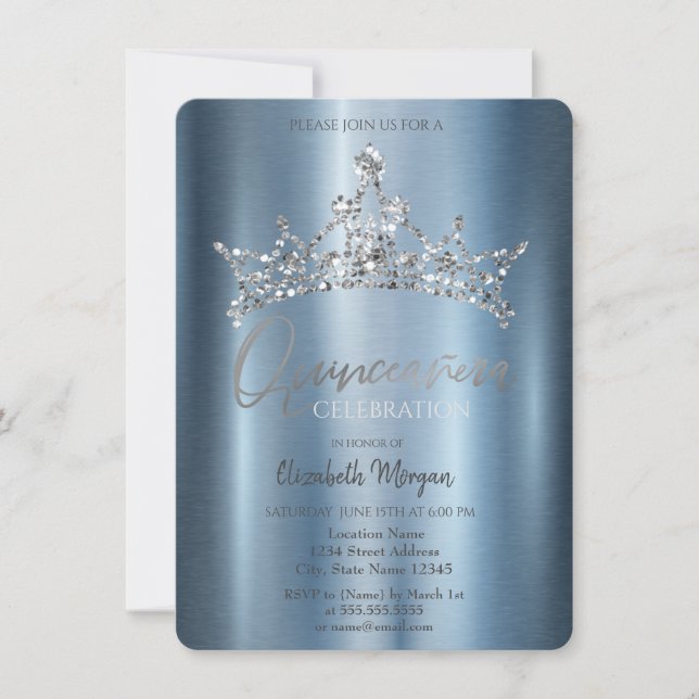 Chic Crown Blue Metallic Quinceañera  Invitation (Front)