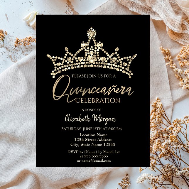 Chic Crown Confetti Black Quinceañera   Invitation (Creator Uploaded)