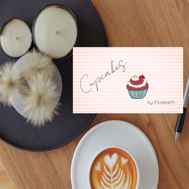 Chic Cupcake Cherry Sweets Striped Business Card (Creator Uploaded)