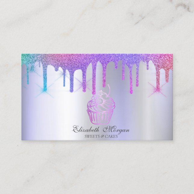Chic Cupcake Rainbow Drips Bakery Violet Business Card (Front)