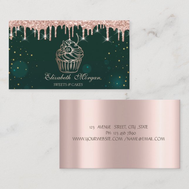Chic Cupcake Rose Gold Drips Bakery Green Business Card (Front/Back)