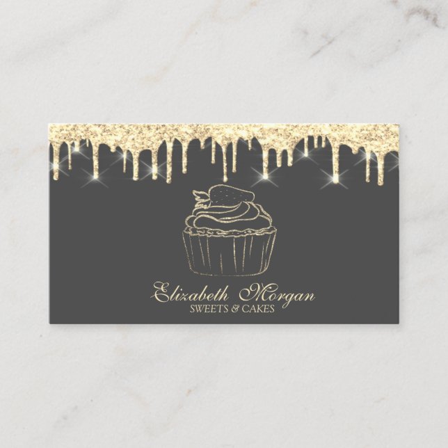 Chic Cupcake Strawberry Faux Gold Drips Bakery Business Card (Front)