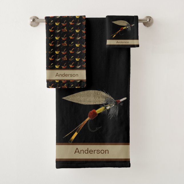Chic Custom Black Tan Fly Fishing Flies Coastal Bath Towel Set (Insitu)