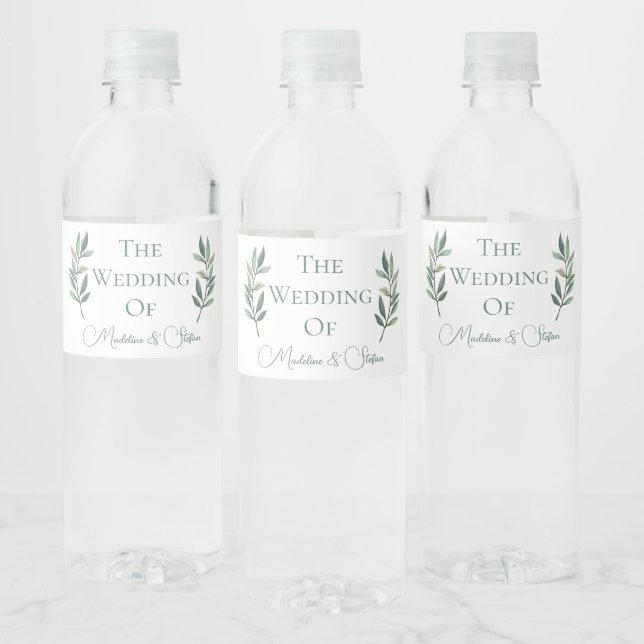 Chic Custom Eucalyptus Leaves Botanical Wedding Water Bottle Label (Bottles)