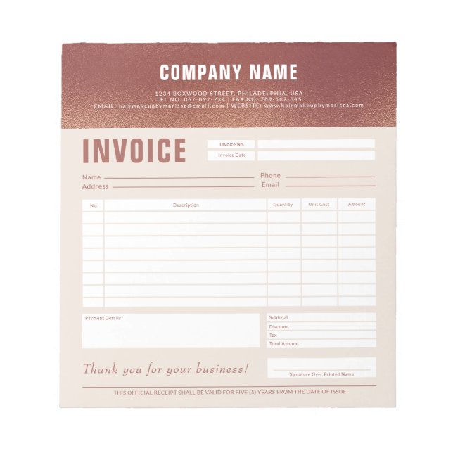 Chic Custom Logo Rose Gold Foil Invoice Form Notepad (Front)