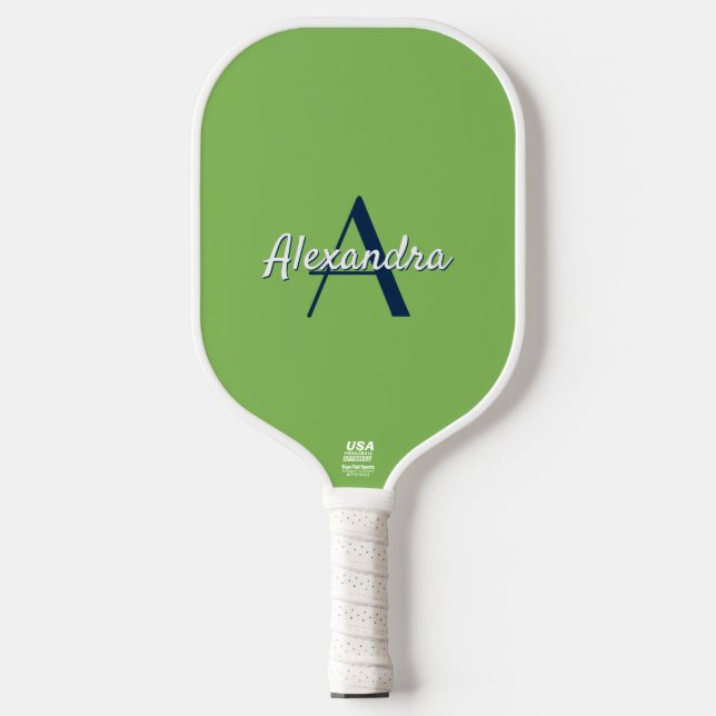 Chic Custom Monogram Preppy Green Navy Name Pickleball Paddle (Front)