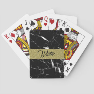 Chic custom name black marble and gold playing cards