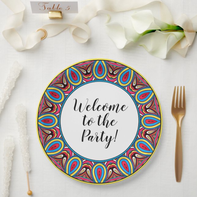 Chic Custom Star Mosaic Kaleidoscope Art Pattern Paper Plate (Wedding)