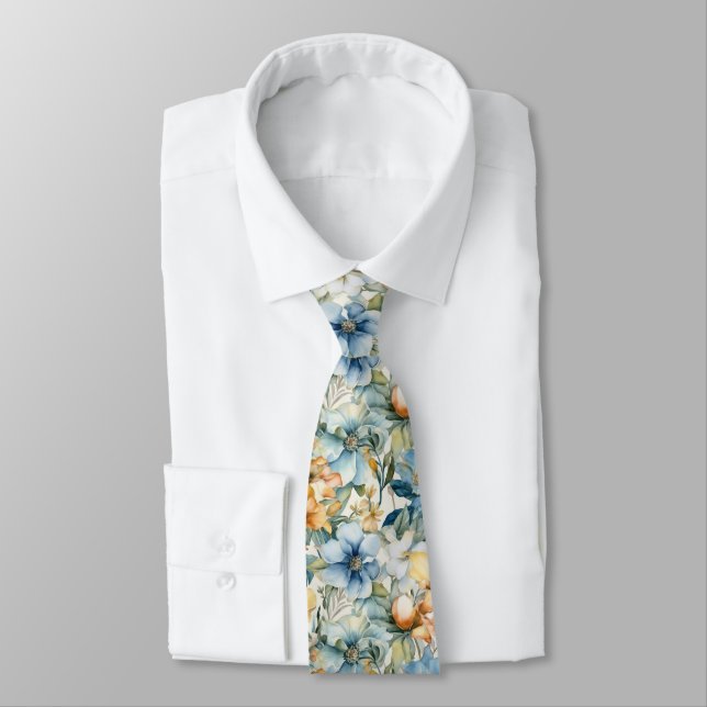 Chic Custom Watercolor Blue Gold Floral Pattern  Tie (Tied)