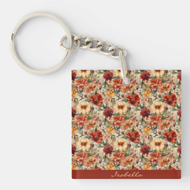 Chic Custom Watercolor Floral Pattern Key Ring (Front)