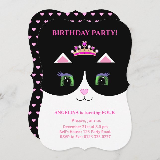 Chic Cute Black Pink White Tuxedo Cat Invitation (Front/Back)