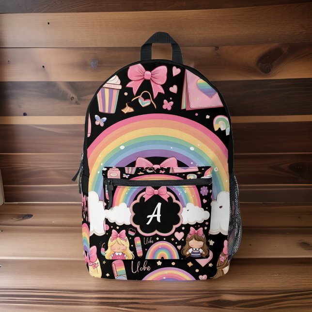 chic cute girls pretty monogram black school kids printed backpack (Creator Uploaded)