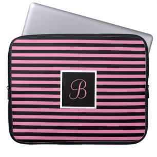 Chic Cute Initial Letter Pink and Black Striped Laptop Sleeve