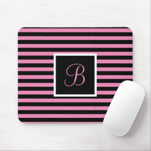 Chic Cute Initial Letter Pink and Black Striped Mouse Pad