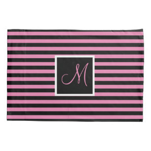 Chic Cute Initial Letter Pink & Black Striped Pillowcase
