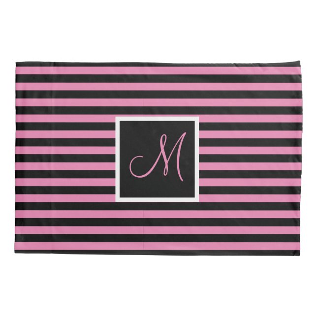 Chic Cute Initial Letter Pink & Black Striped Pillowcase (Back)
