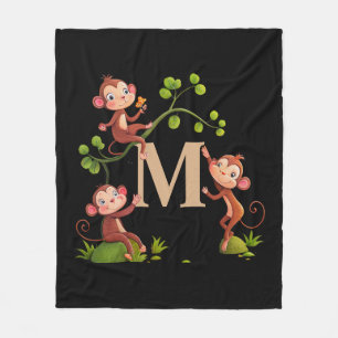 Chic Cute Monkeys, Golden Monogram on Black Fleece Blanket