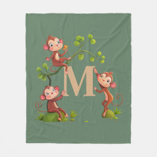 Chic Cute Monkeys, Golden Monogram on Laurel Green Fleece Blanket