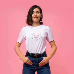 Chic Cute Pink Snowflakes and Reindeer Christmas T-Shirt