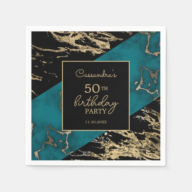Chic Cyan Marble Gold Foil Paint Texture Birthday Napkin (Front)